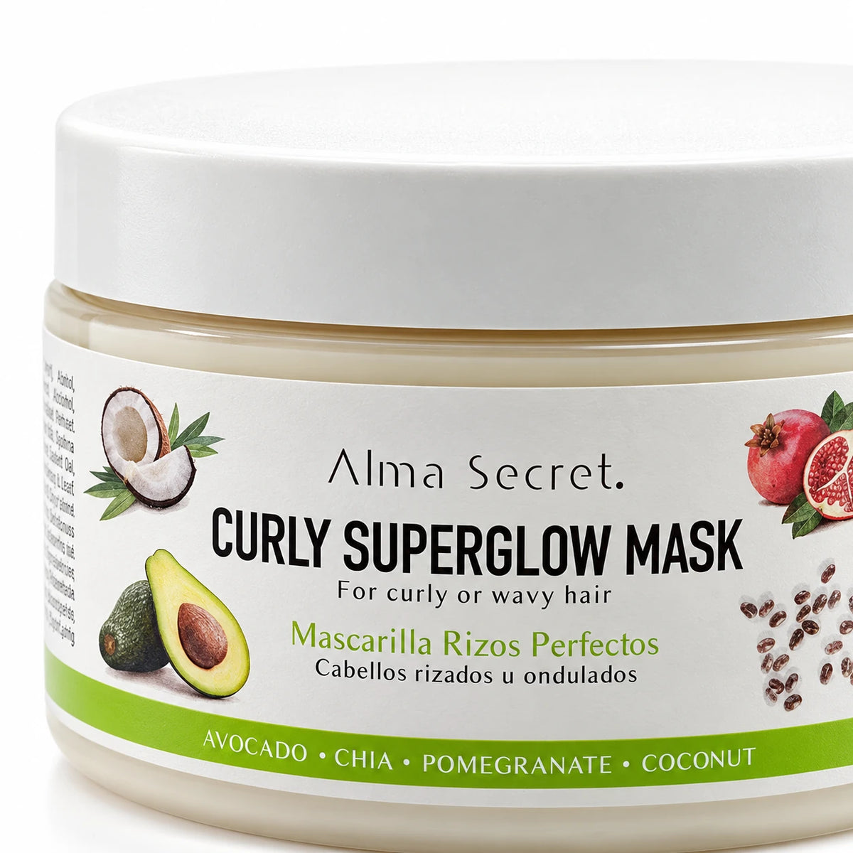 Curly Superglow Mask con proteínas Alma Secret — detalle del envase