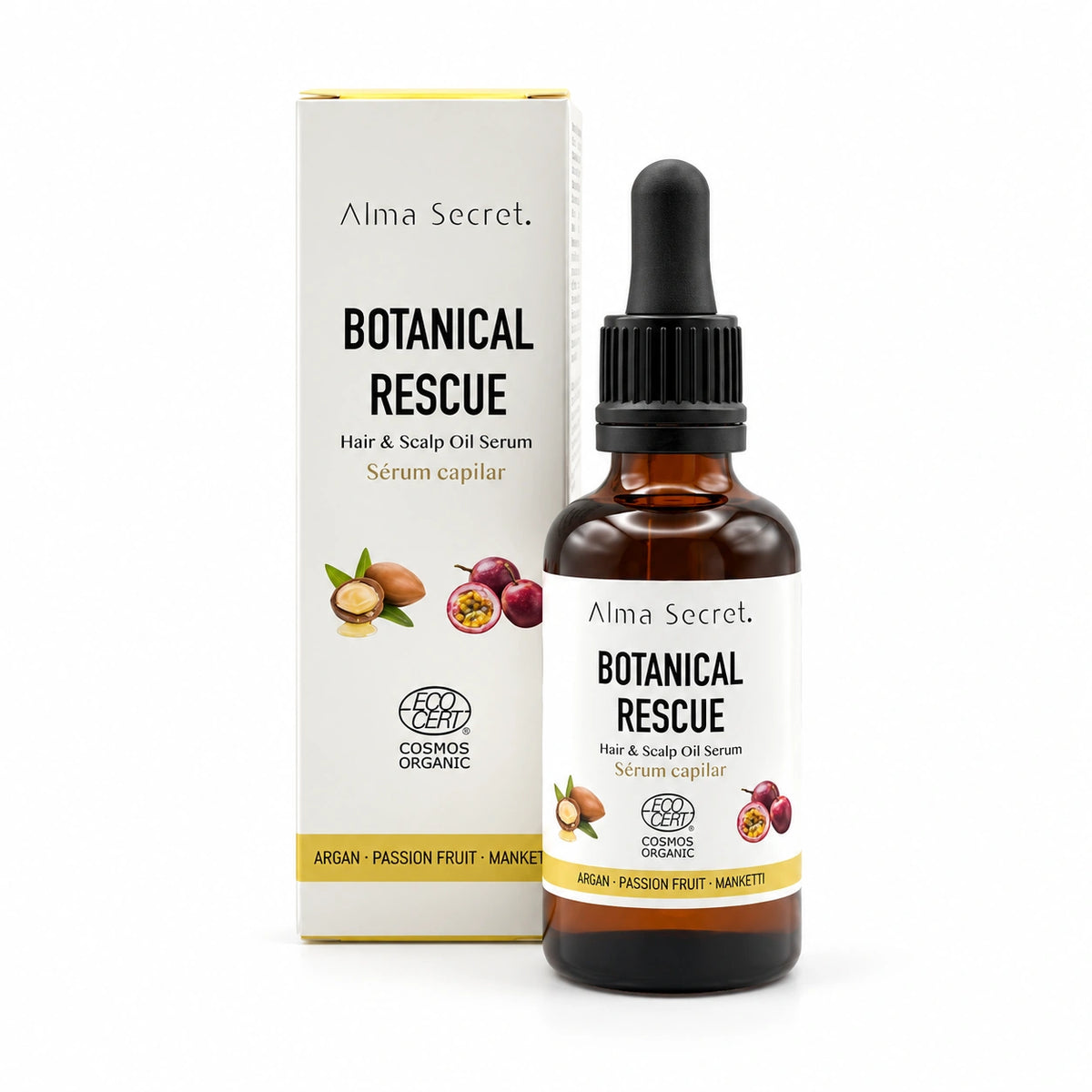 Sérum Capilar Botanical Rescue — vista frontal de la caja con el bote